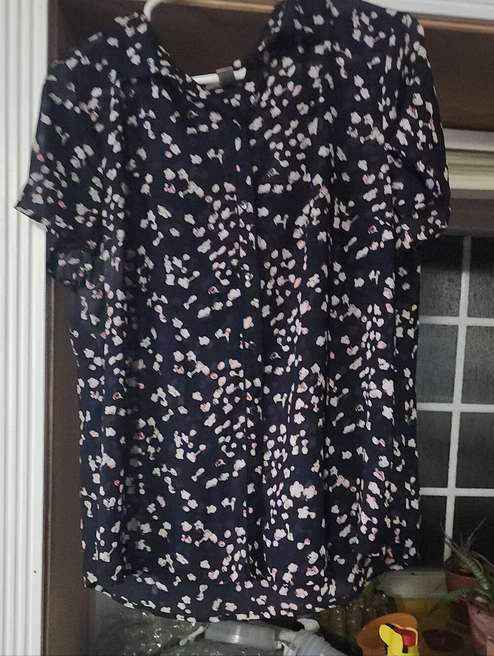 LOFT Navy Button-Front Blouse with Pink Floral Print